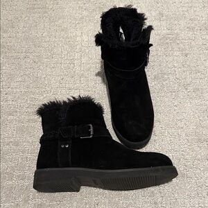 Black Faux Suede Ankle Boots with Faux Fur Trim